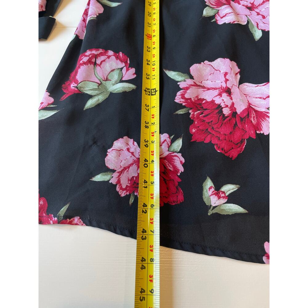 Lulus Romantic Blooms Black Floral Midi Wrap Dress Sz M Plunging Neck Black Pink - Picture 15 of 16